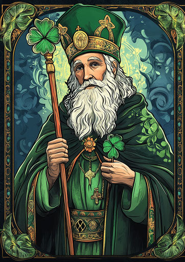 Colorful illustration of a saint with a clover border