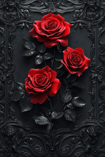 Red roses on black background, gothic art style, vector design