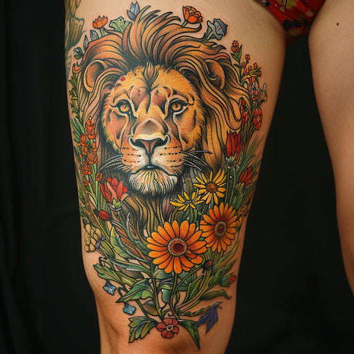 Wildflower tattoo with lion, regal colors, majestic pose, intricate details