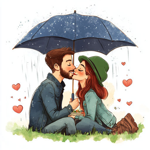A young couple sharing laughter and kisses in the rain