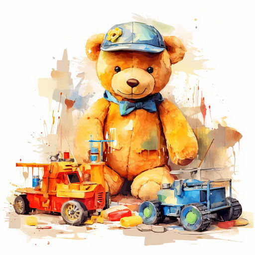 Toys in Oil Painting Style on White Background