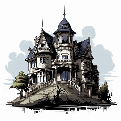 Manor drawing in the style of Chiaroscuro Art, on white background