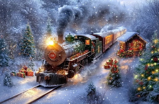 Vintage steam train chugging through snow-covered countryside