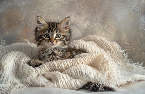 Kitten next to a white blanket, light beige and dark azure style