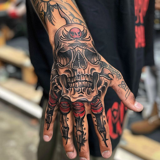 Skull hand tattoo in the style of Humberto Ramos with action-packed scenes