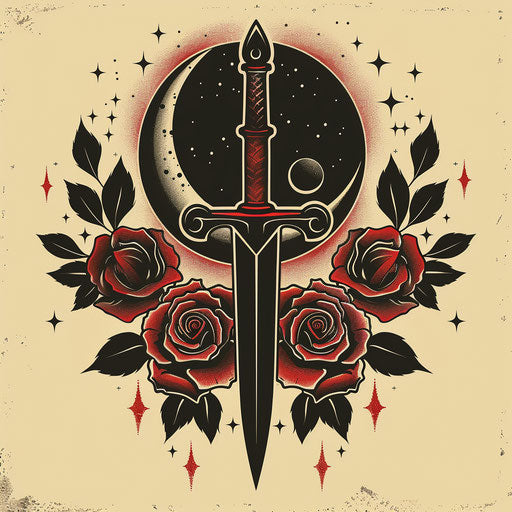 Traditional tattoo sketch of an eclipse with roses and a dagger, clipart style