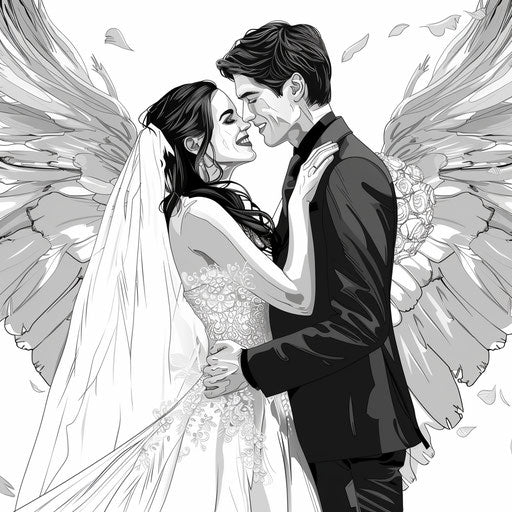 Bride and groom clipart in photorealistic style with a flat random background, monochrome palette, and detailed wings