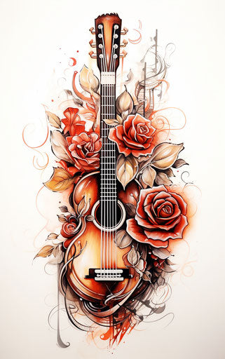 Guitar with roses and music notes, acidwave style, tattoo