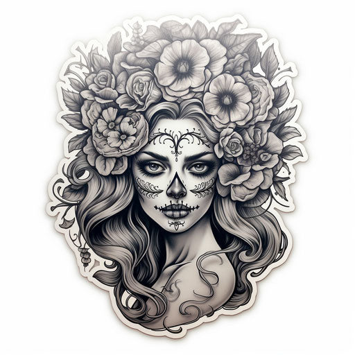 The sugar skull girl stickers, in graphite realism style, made of flowers