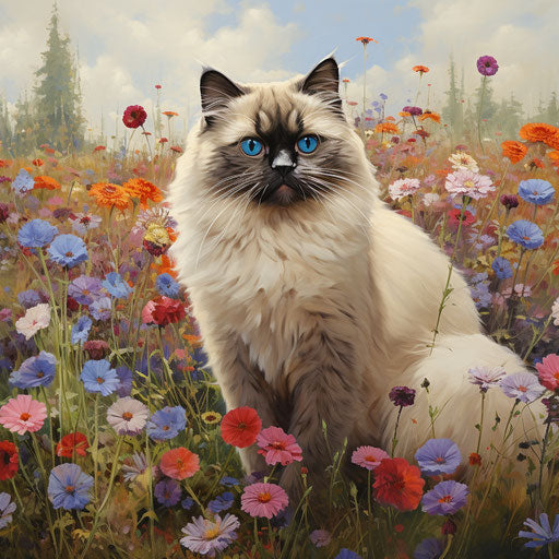 Himalayan cat in a field of flowers