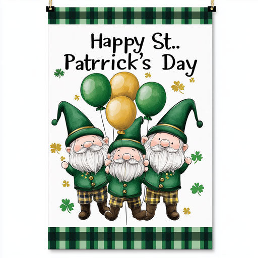 St. Patrick's Day garden flag with three cute gnomes holding balloons