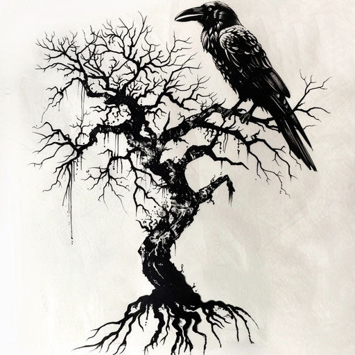 Dead tree with raven, wisdom and mortality