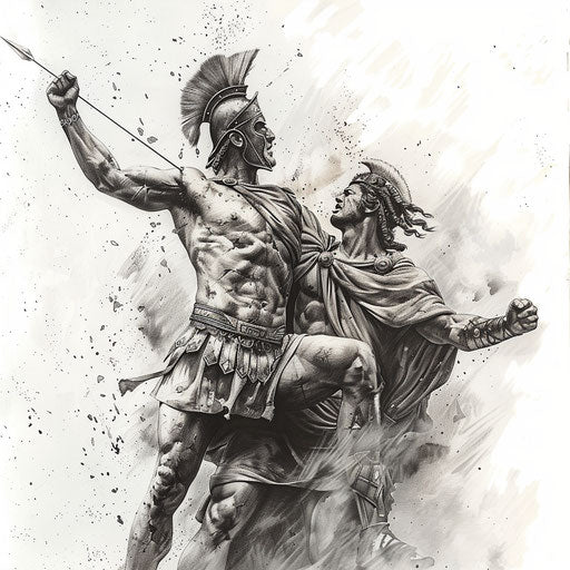 Black and gray tattoo of David and Goliath on white background