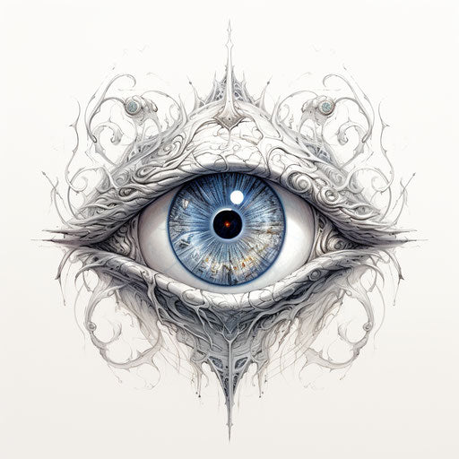 Eye surrounded by swirls, surreal cyberpunk iconography