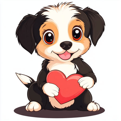 Adorable cartoon illustration of a puppy holding a heart