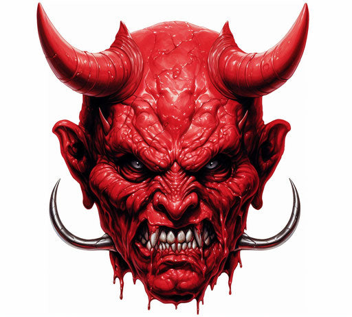 Red demon face with horns, in the style of Geof Darrow, Tiago Hoisel, Herman Brood, Japanese traditional, wizardcore, sgrafitto, animated gifs
