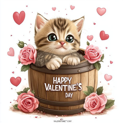 Adorable kitten in a wooden barrel with hearts and roses