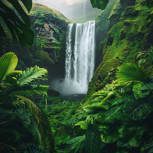 Waterfall surrounded by lush tropical foliage