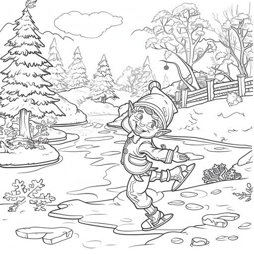 An elf ice-skating on a frozen pond in winter