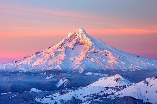 Mount Hood in Oregon with snow, beauty and depth of field, gorgeous sunset, 3:2