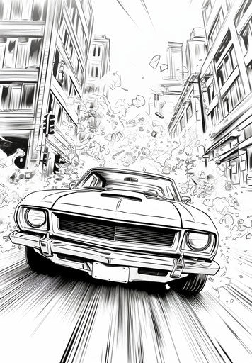 Car coloring page with open driver's door, comic art style, exotic, gutai, distinctive noses, outrun, nikon s2, dynamic and action-packed