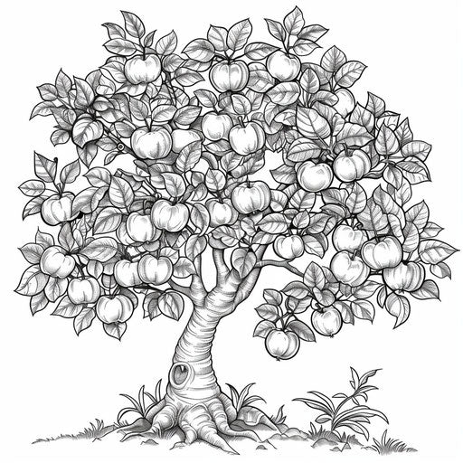 A realistic apple tree with detailed bark and foliage. Coloring book page