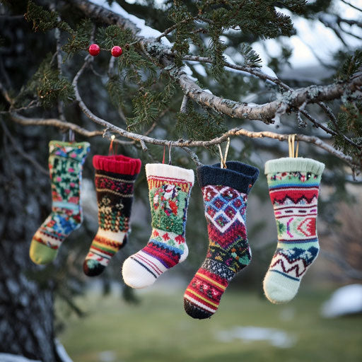 Christmas socks hanging on an outdoor tree