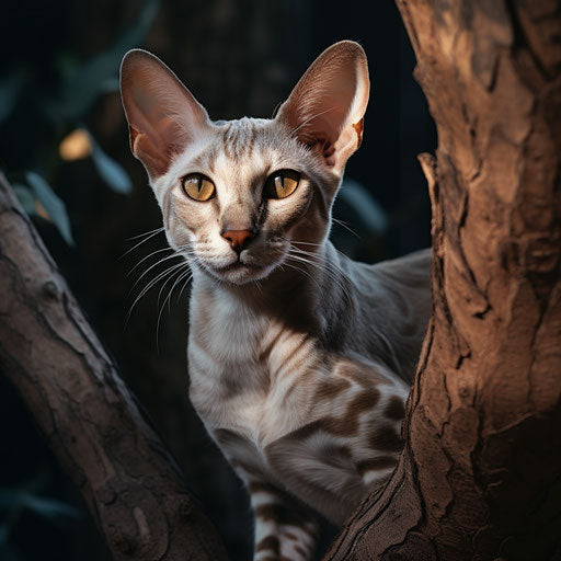 Oriental shorthair cat lying on a tree branch