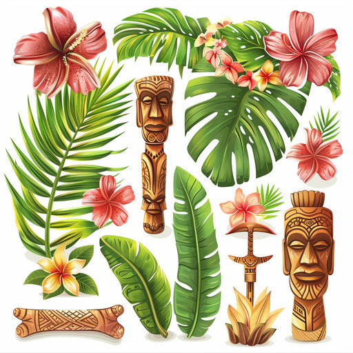 Luau clipart in a photo realistic style on flat white background
