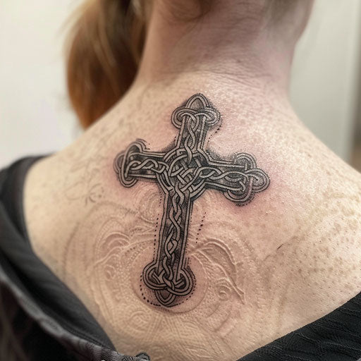 Gothic inspired Celtic cross tattoo with dark lines and shadows