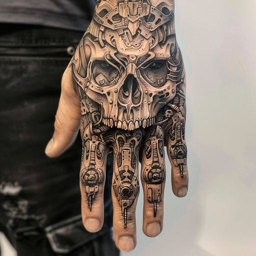 Skull hand tattoo in the style of J.P. Targete with futuristic, surreal designs