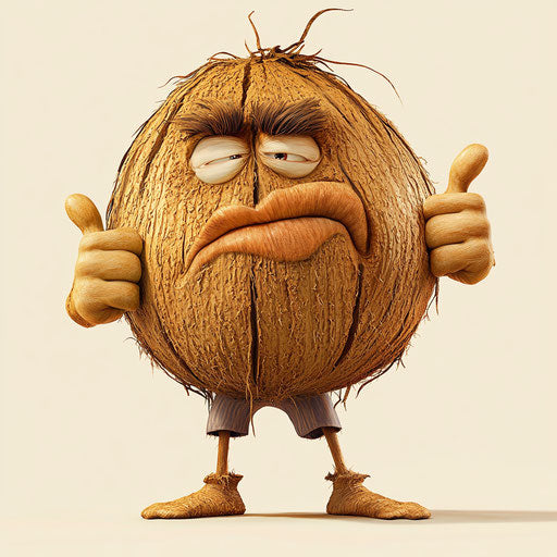 Humorous caricature of a coconut with human characteristics