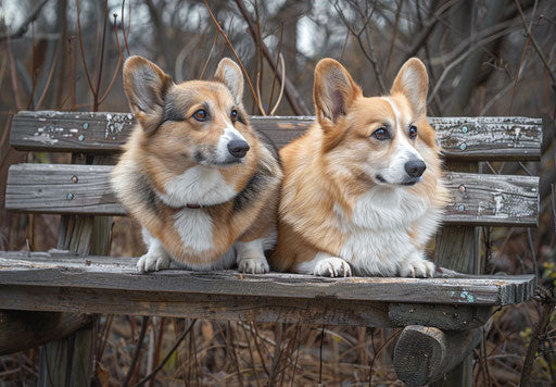 White corgis - outdoor love on bench with varied textures