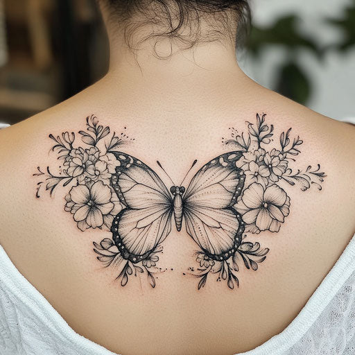 Butterfly wings tattooed on back with floral patterns