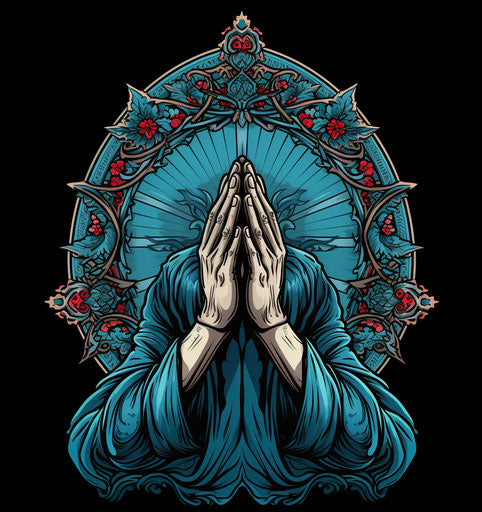Blue hands praying with prayer symbol design