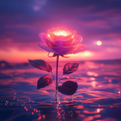 Pink rose in the sea at sunset