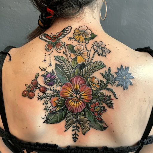 Tattoo symbols with botanical details, in the style of Maria Sibylla Merian