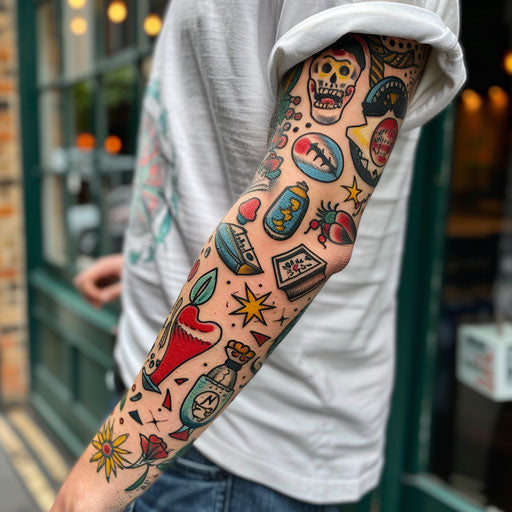 Sleeve tattoo with vintage flash designs, Sailor Jerry style