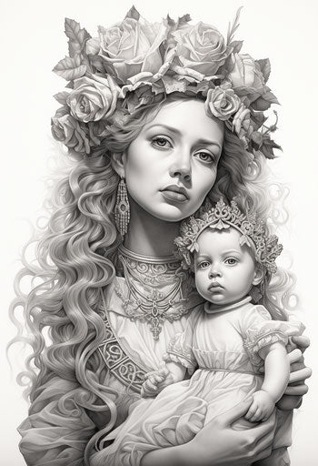 Black and white drawing of person with ornamental crown