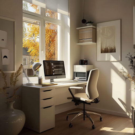 Cozy home office setup with minimalist white desk and ergonomic chair