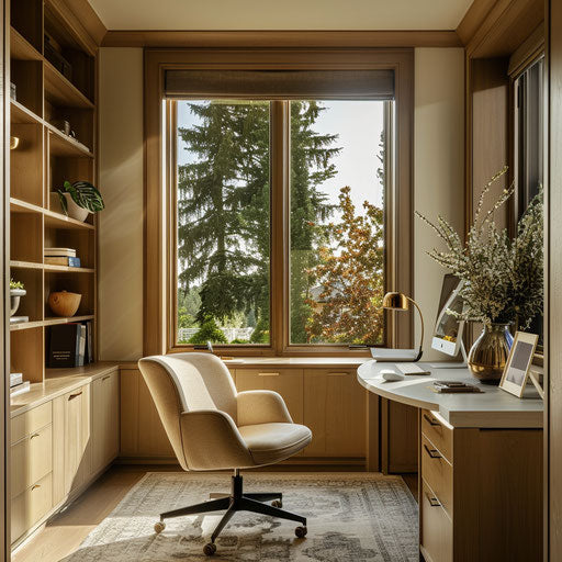 Serene home office with large window and organized workspace