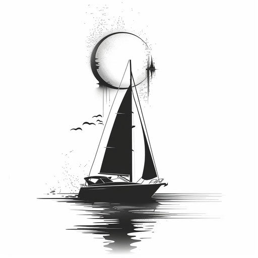 Minimalist black and white tattoo sketch with sleek boat silhouette