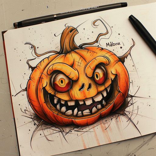 Humorous tattoo sketch of a pumpkin with funny facial expressions in a bright and playful style