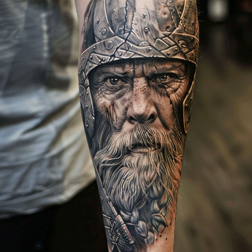 Men's forearm tattoo Viking warrior, Glenn Fabry style