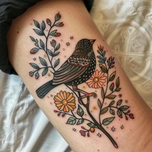 Charming tattoo sketch of a blackbird in a flat clipart style