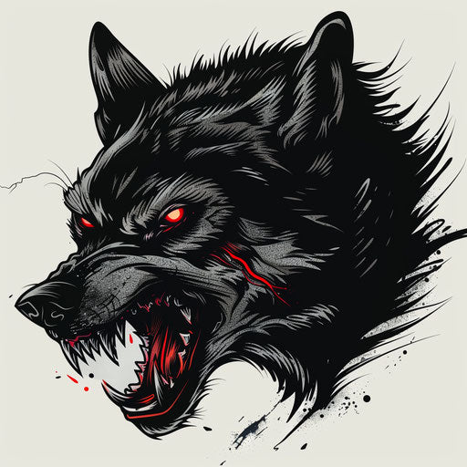 Vivid tattoo sketch of a snarling black wolf with red eyes