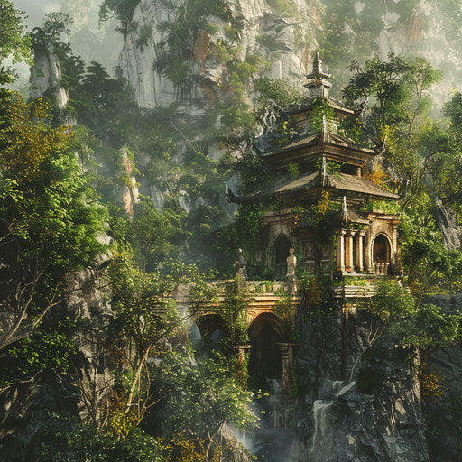 Marble Mountain, Vietnam with ancient temples, surrounded by nature, in the style of Andreas Achenbach