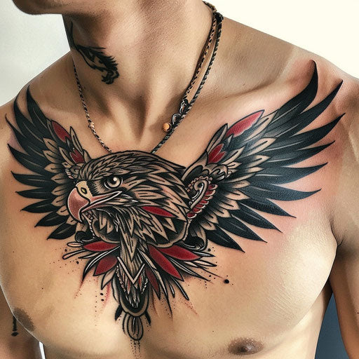 Spiritual tattoos of a tribal eagle on the chest