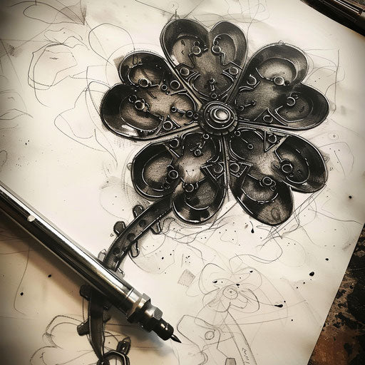 Industrial design tattoo sketch of a black clover with steel textures and rivet details