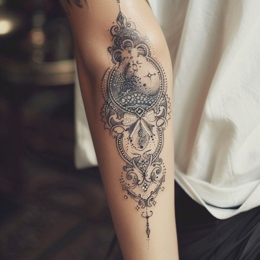 Victorian-inspired galaxy tattoo with lace on white background